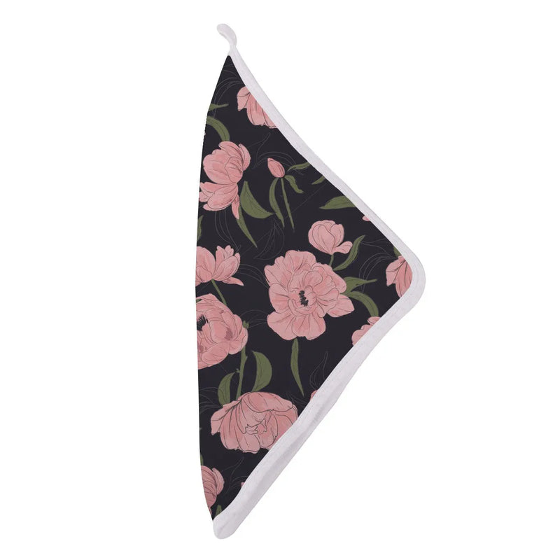 Bamboo muslin washcloth with floral design, attached loop for drying, 12"x12".
