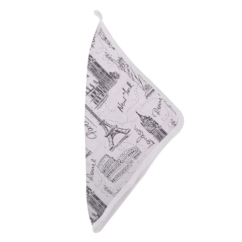 London Paris New York themed bamboo washcloth with loop, 12x12 inches.