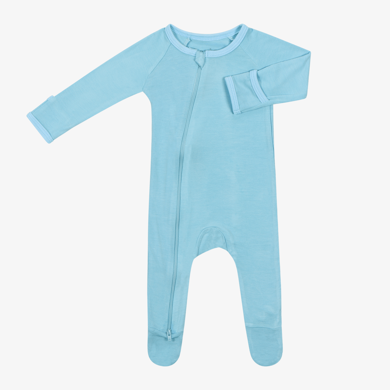 Skye blue baby footie pajamas with two-way zipper and covered feet