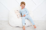 Two-piece striped long sleeve pajama set with matching pajama bottoms