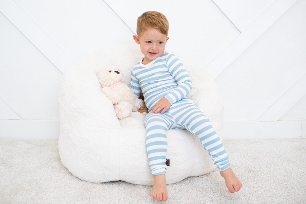 Two-piece striped long sleeve pajama set with matching pajama bottoms