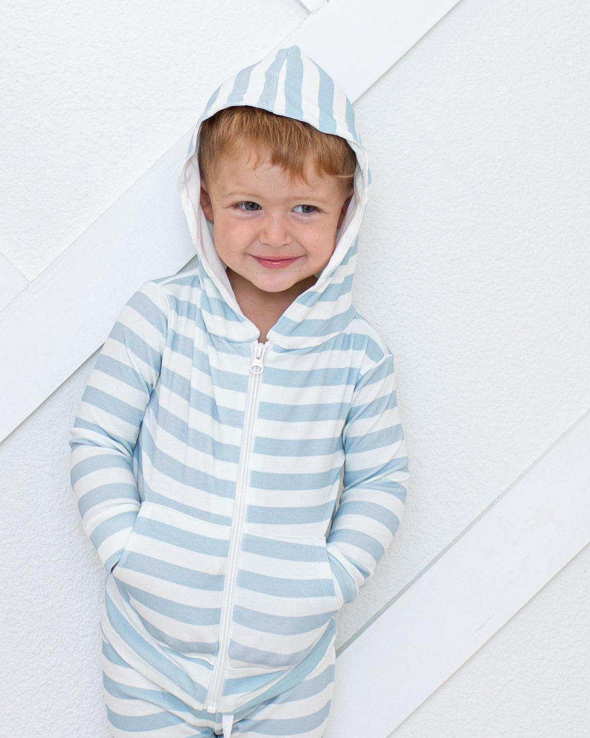 Baby and toddler zip-front hoodie in Skye stripes with a lined hood and kangaroo pockets