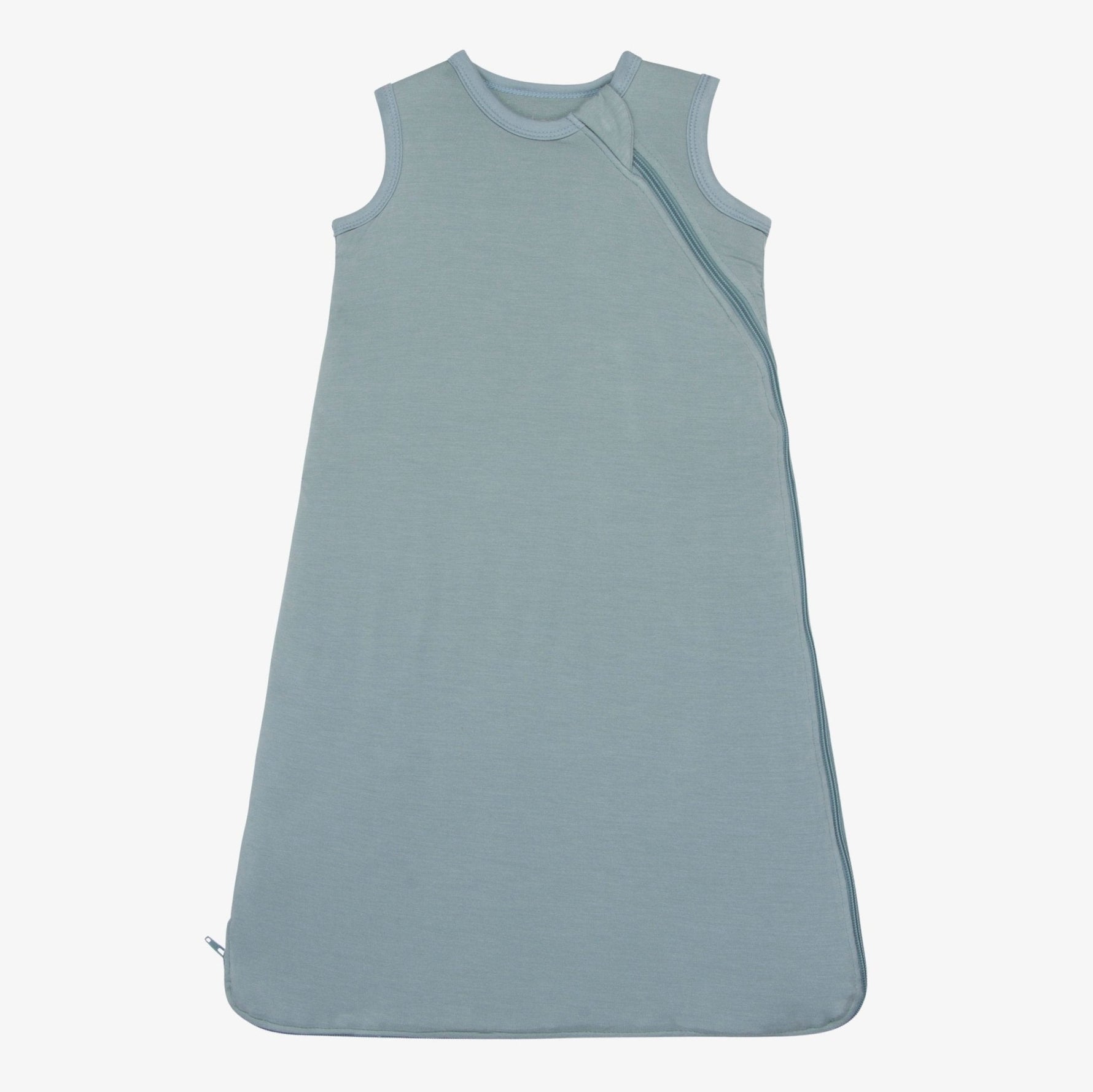 Sleeveless slate blue baby sleep bag with a full-length zipper