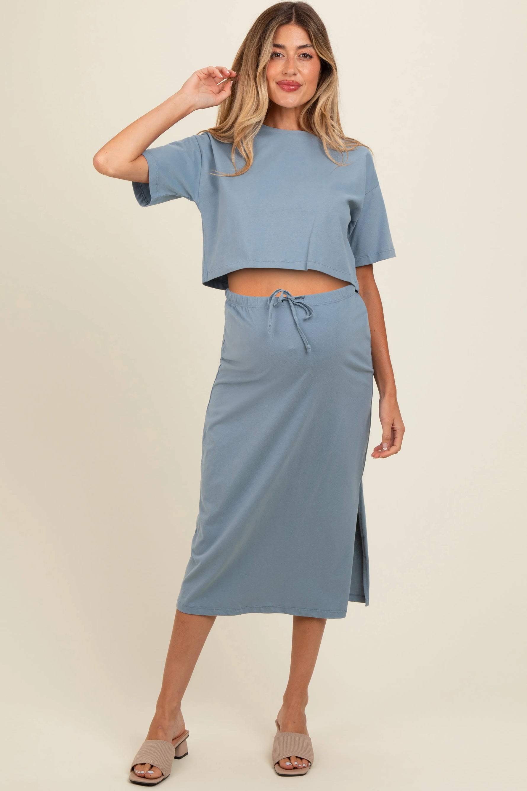PinkBlush Slate Short Sleeve Maternity Midi Skirt Set - 