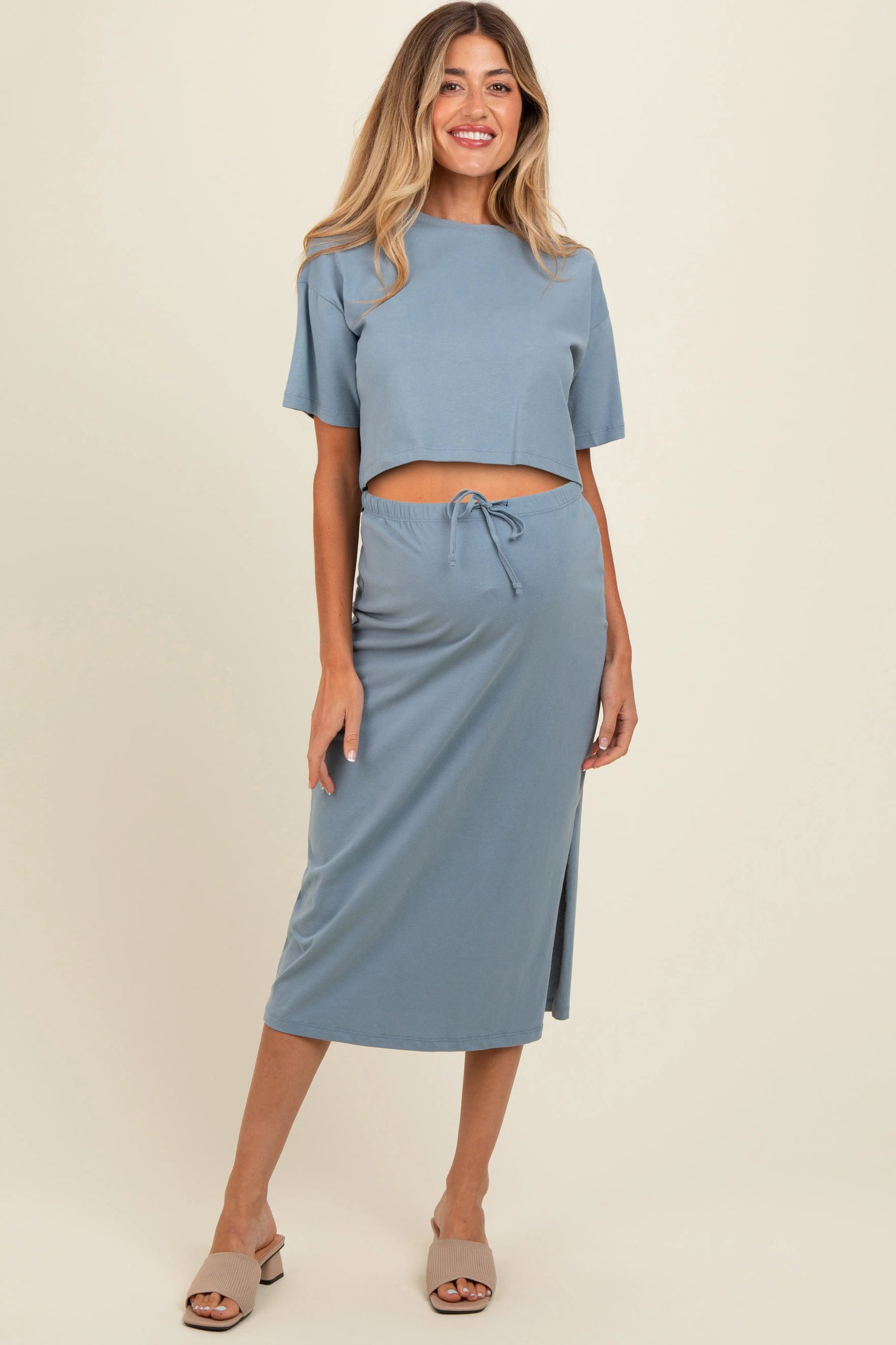 PinkBlush Slate Short Sleeve Maternity Midi Skirt Set - 