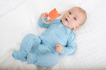 Baby footie pajamas in solid Skye blue with full-length two-way zipper and covered feet