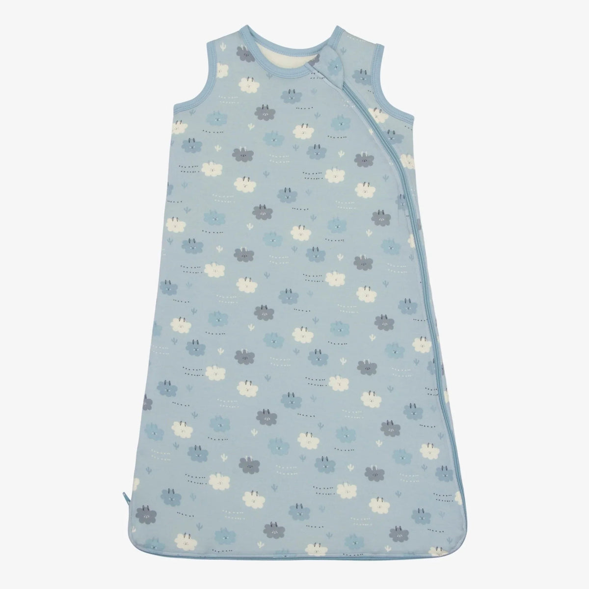 Blue sleeveless baby sleep bag with a sleepy llama print and front zipper