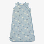 Blue sleeveless baby sleep bag with a sleepy llama print and front zipper