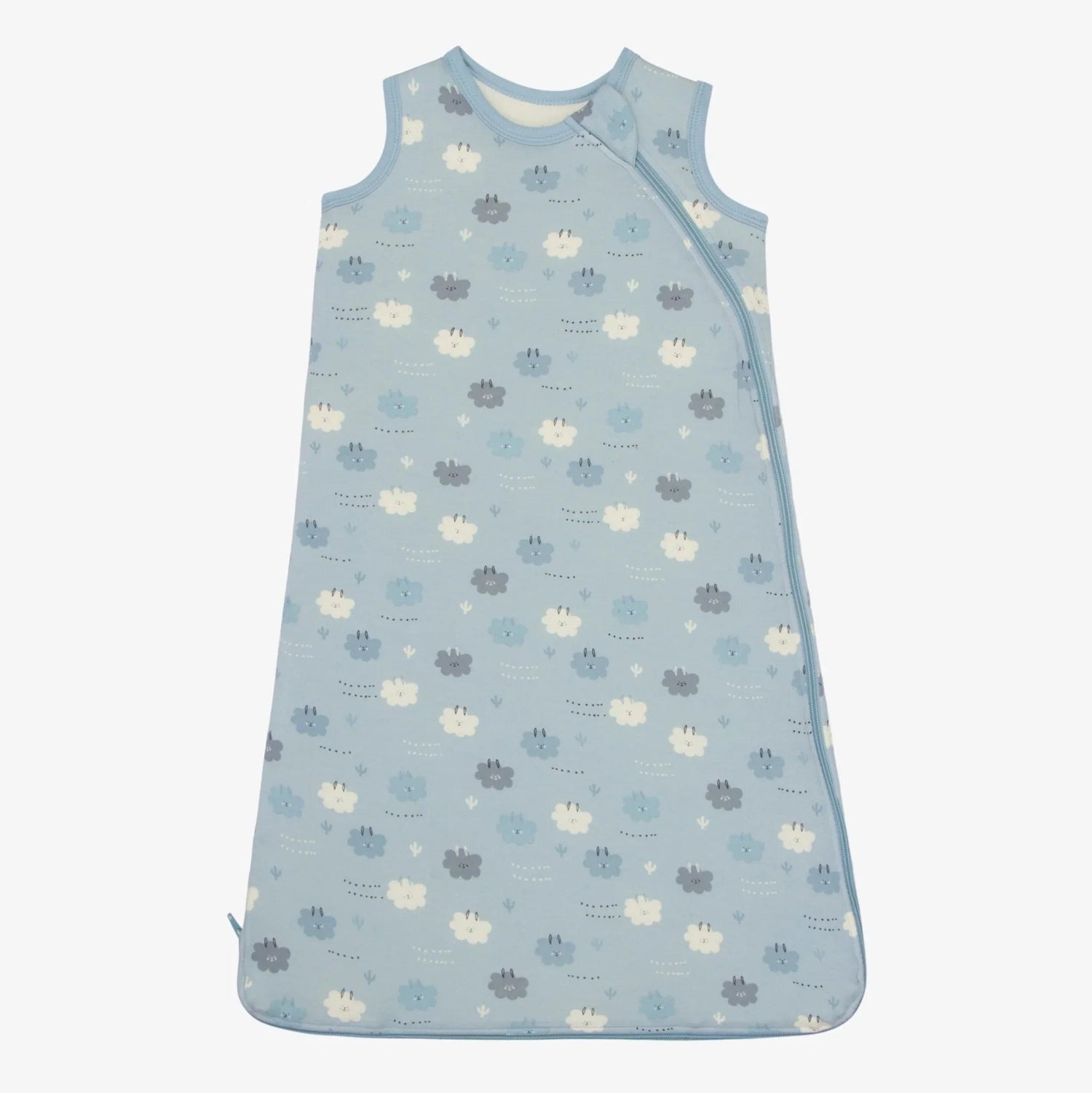 Blue sleeveless baby sleep bag with a sleepy llama print and front zipper