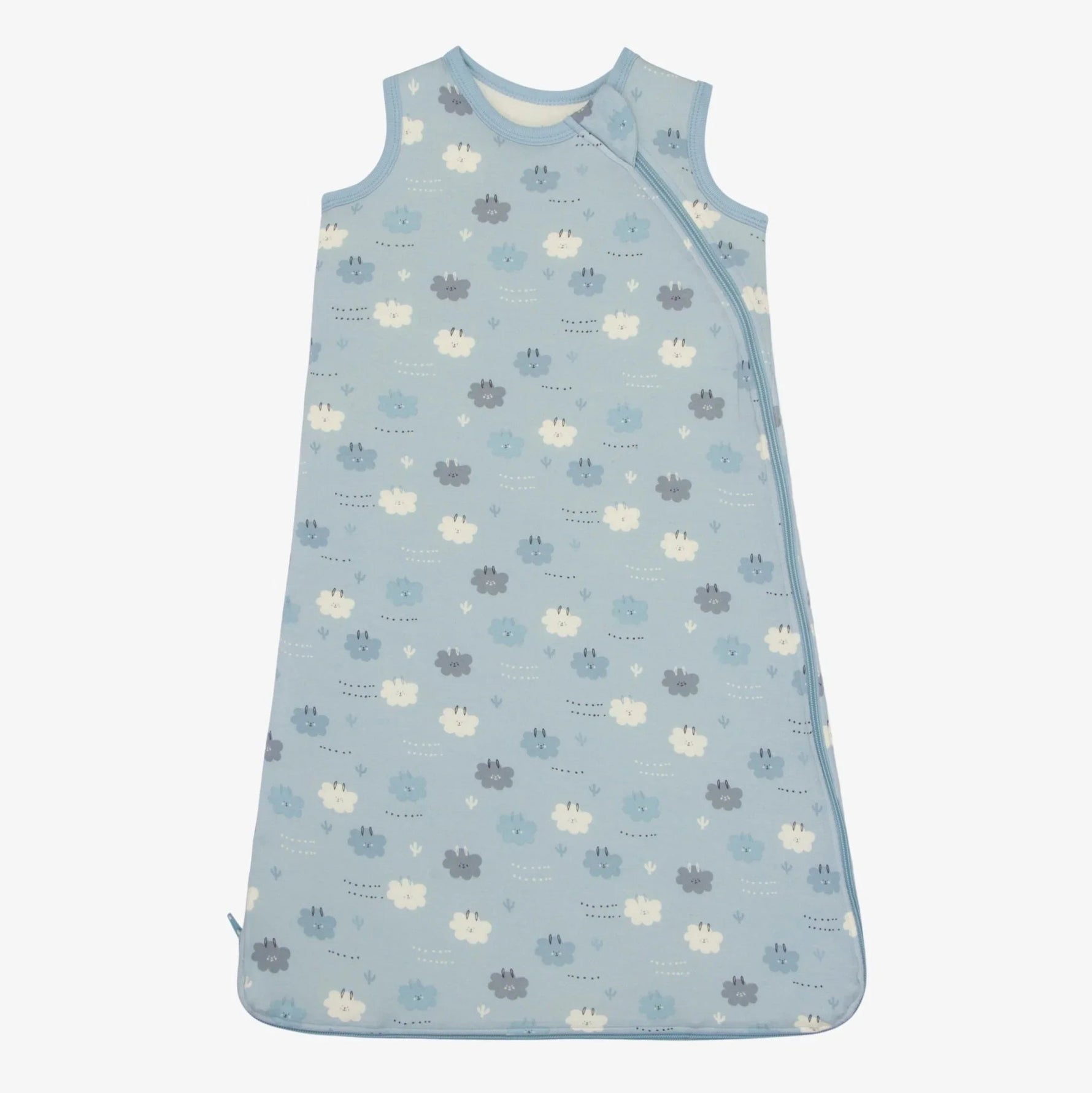 Blue sleeveless baby sleep bag with a sleepy llama print and front zipper