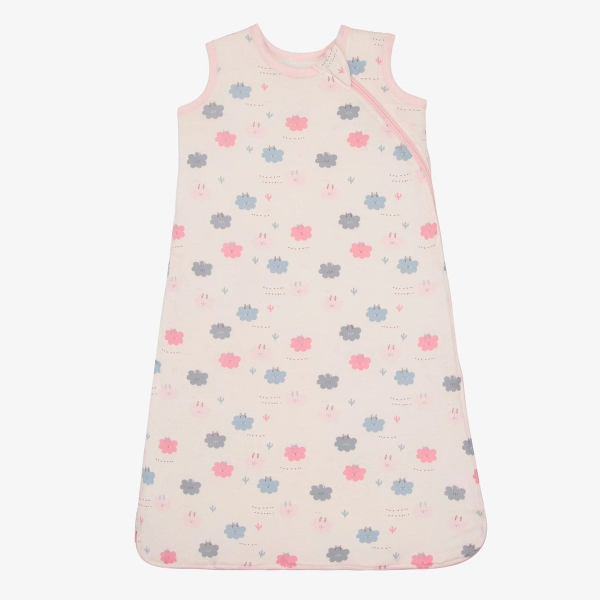 Pink sleeveless baby sleep bag with a sleepy llama print and front zipper