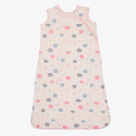 Pink sleeveless baby sleep bag with a sleepy llama print and front zipper