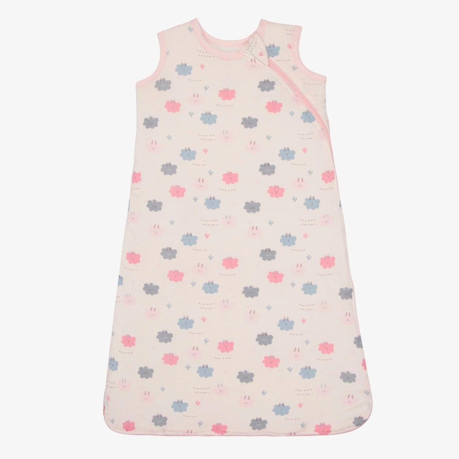 Pink sleeveless baby sleep bag with a sleepy llama print and front zipper
