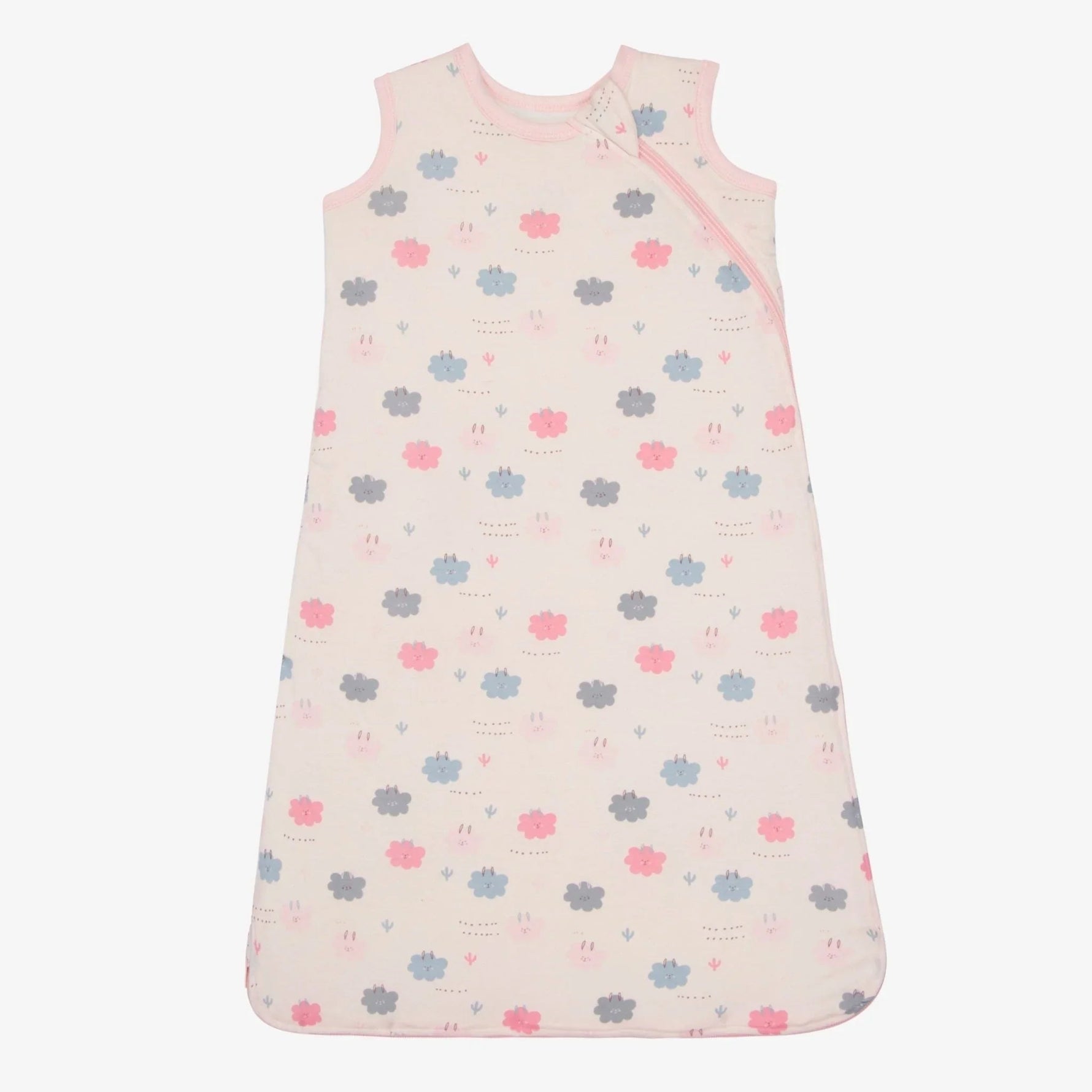 Pink sleeveless baby sleep bag with a sleepy llama print and front zipper