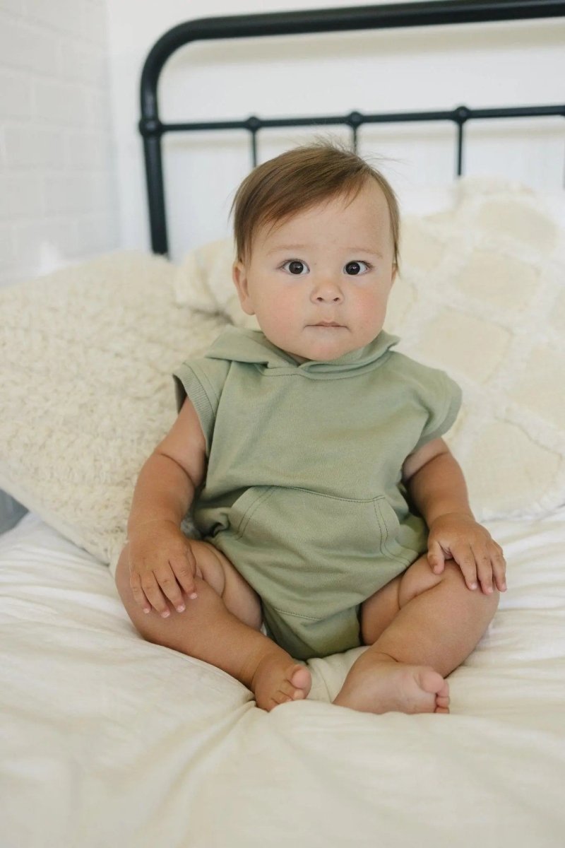 Little Joy Co. Sleeveless Hoodie Romper With Snaps Kangaroo Pocket - Everetts Place Boutique - 