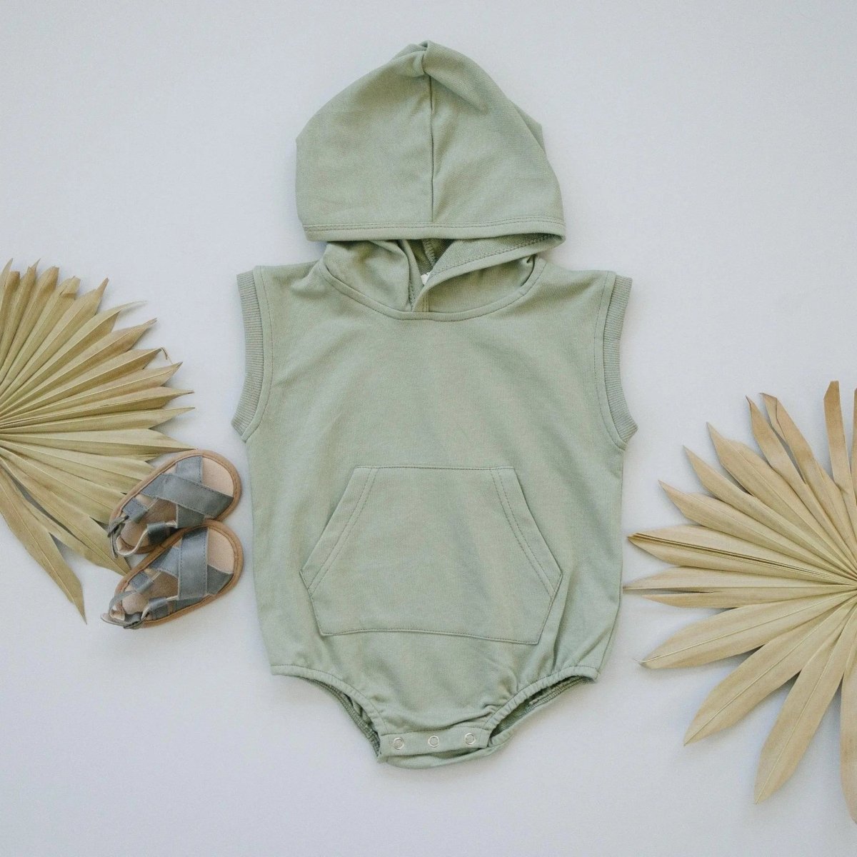 Little Joy Co. Sleeveless Hoodie Romper With Snaps Kangaroo Pocket - Everetts Place Boutique - 