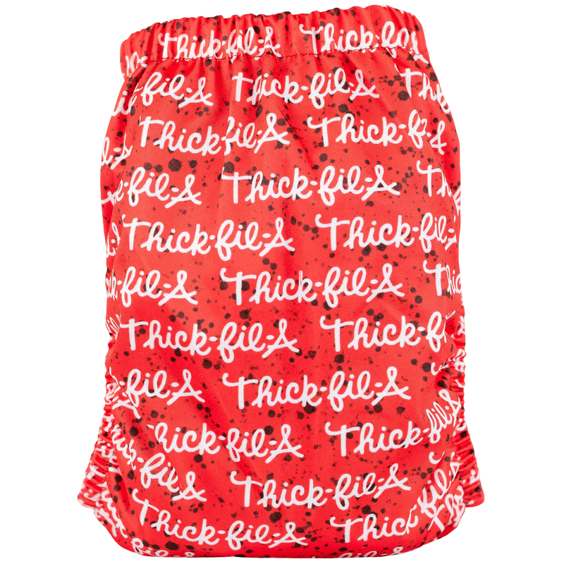 Slim Fit AIO Cloth Diaper in red with white text pattern, all-in-one design for babies 8-40lbs.