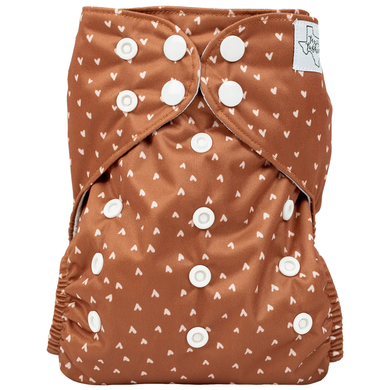 Slim Fit AIO Cloth Diaper in brown with heart pattern and adjustable snaps for babies 8-40 lbs.