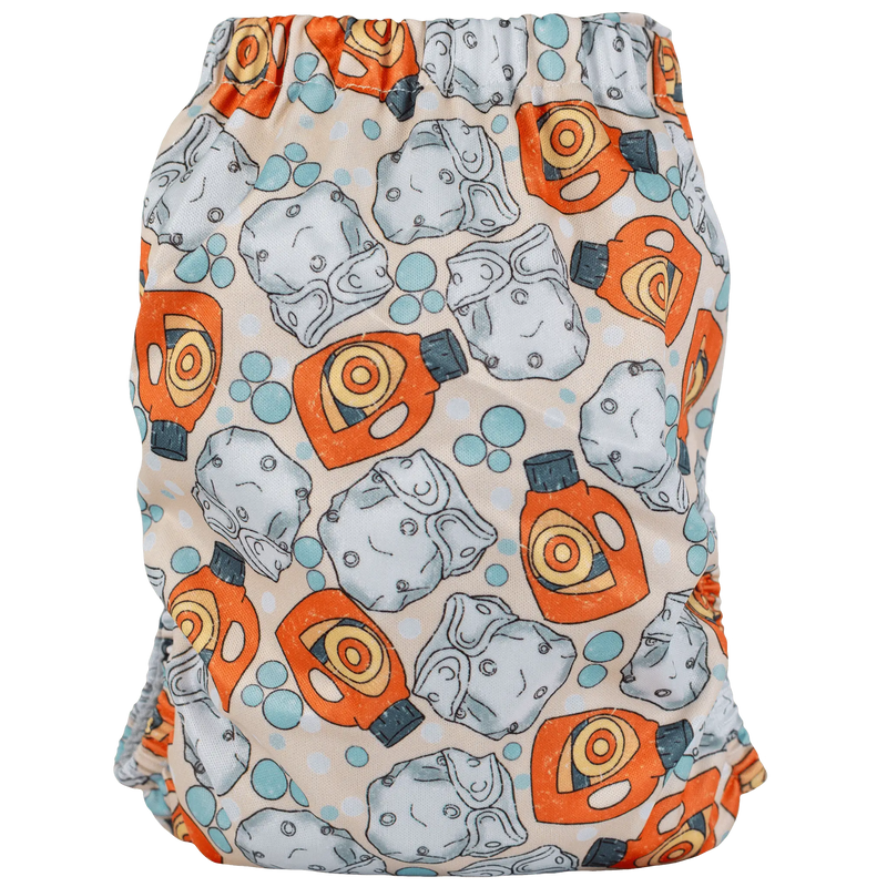 Slim Fit AIO Cloth Diaper with colorful recycled printed PUL, athletic wicking jersey, and simplified snaps.