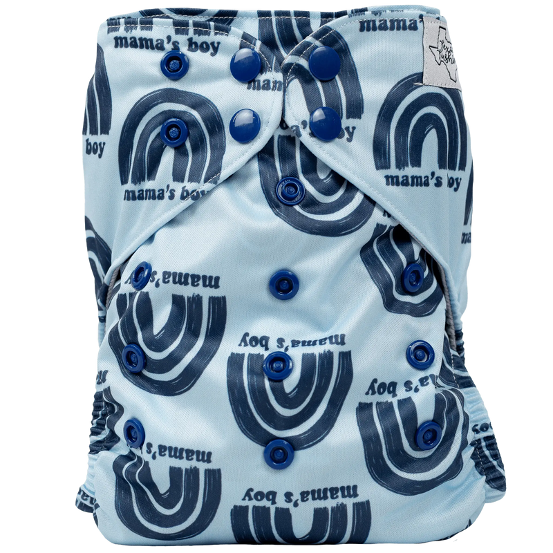 Slim Fit Pocket Cloth Diaper with blue rainbow pattern and adjustable snaps.