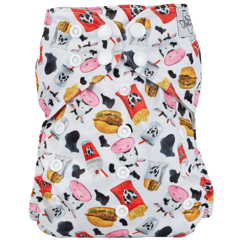 Slim Fit AIO Cloth Diaper with colorful fast-food print design and simplified snaps.