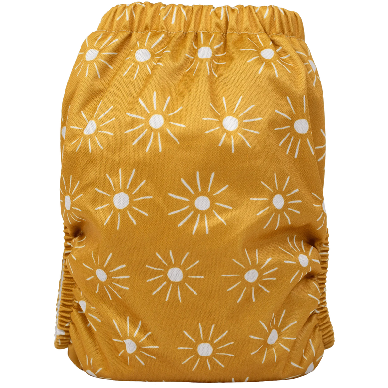 Slim Fit AIO Cloth Diaper with sun pattern, designed for babies 8-40lbs.
