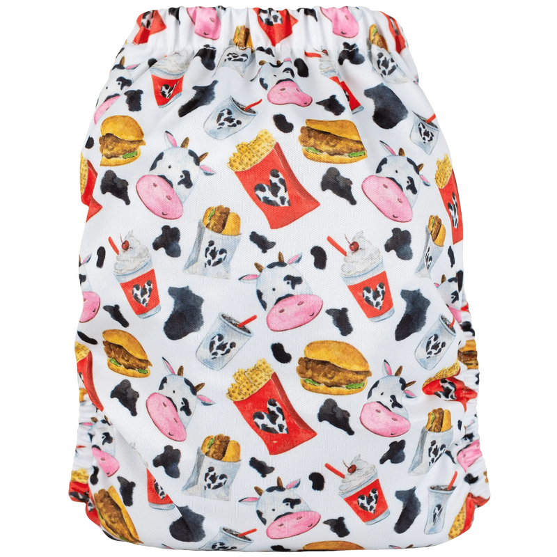 Slim Fit AIO Cloth Diaper with cow print and fast food pattern.