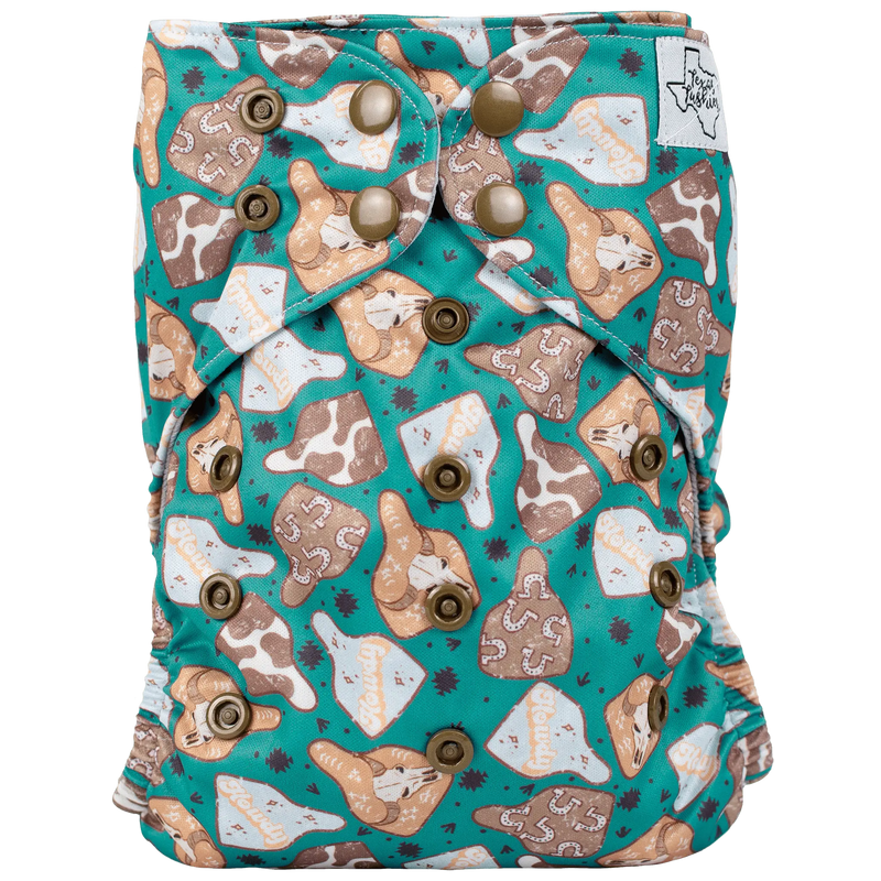 Slim Fit AIO Cloth Diaper with colorful animal print and secure snap closures.