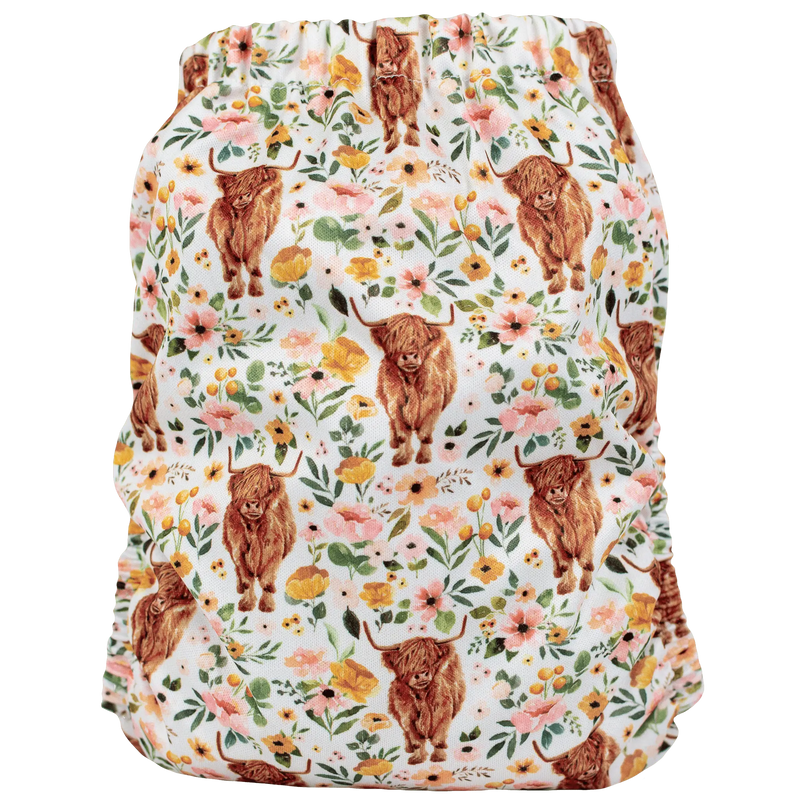 Slim Fit AIO Cloth Diaper with highland cow and floral print design.