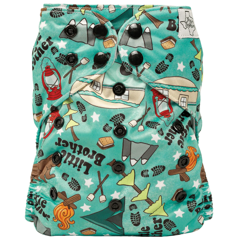 Slim Fit AIO Cloth Diaper with colorful camping-themed print, featuring adjustable snaps.
