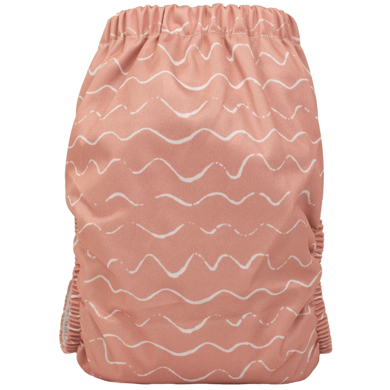 Slim Fit AIO Cloth Diaper in pink with white wavy pattern, featuring athletic wicking jersey for comfort and absorbency.