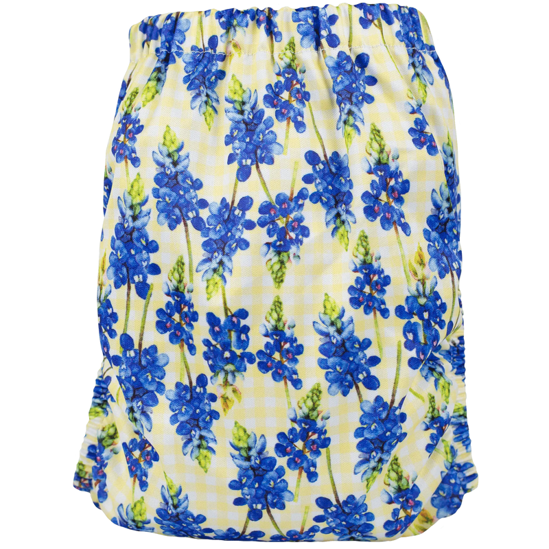 Slim Fit AIO Cloth Diaper with blue floral pattern, fits 8-40 lbs, athletic wicking jersey material.