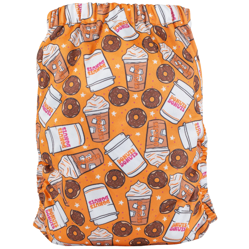 Slim Fit AIO Cloth Diaper with coffee and donuts pattern, all-in-one design, orange color.