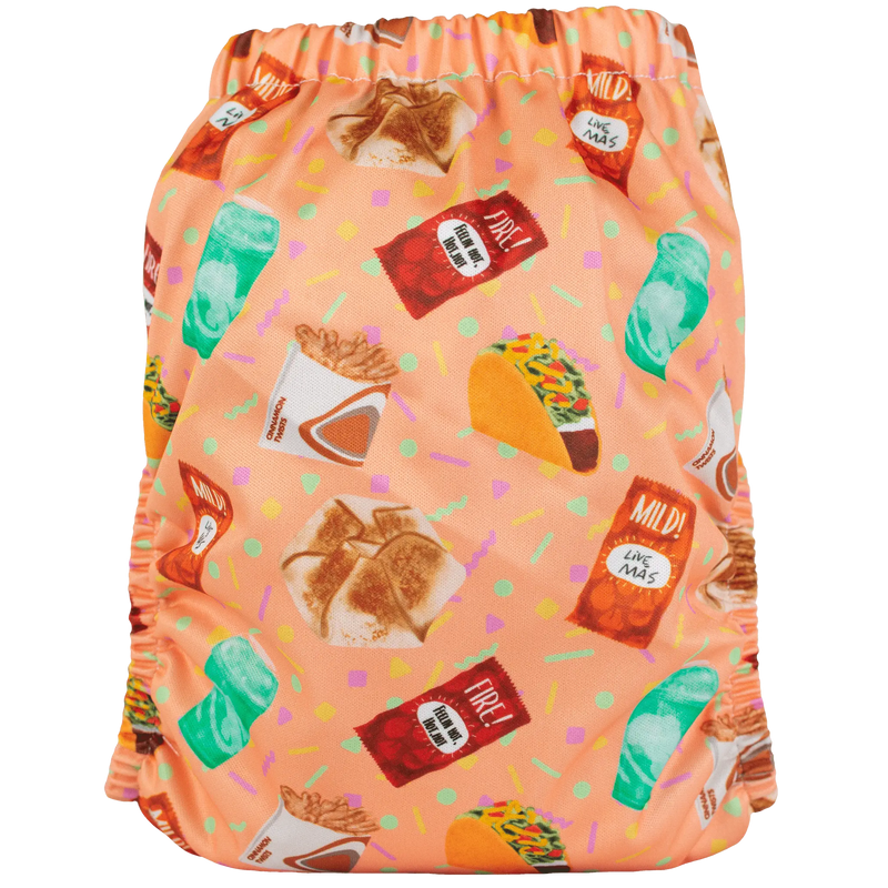 Slim Fit AIO Cloth Diaper with vibrant food-themed print, featuring snug fit and moisture-wicking materials.