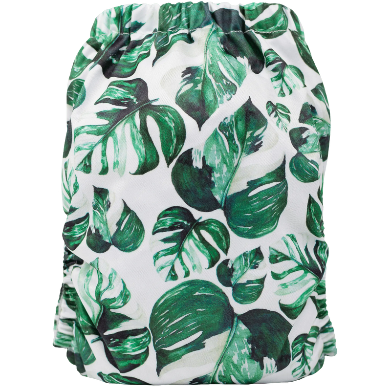 Slim Fit AIO Cloth Diaper with green leafy design, suitable for babies 8-40lbs.