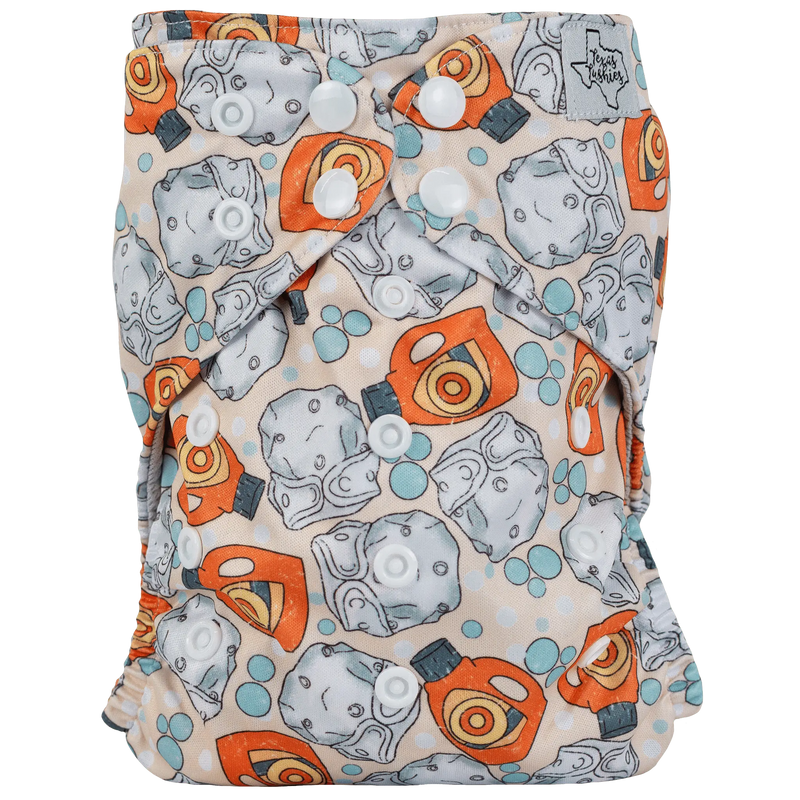 Slim Fit AIO Cloth Diaper with colorful cartoon print and adjustable snaps.
