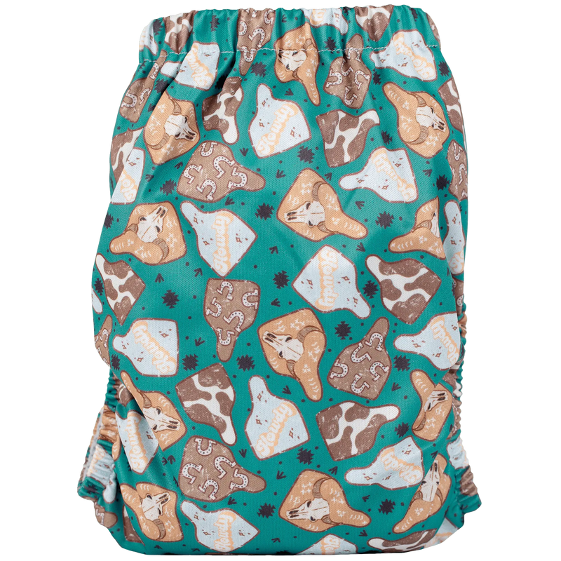 Slim fit AIO cloth diaper with colorful animal pattern design.