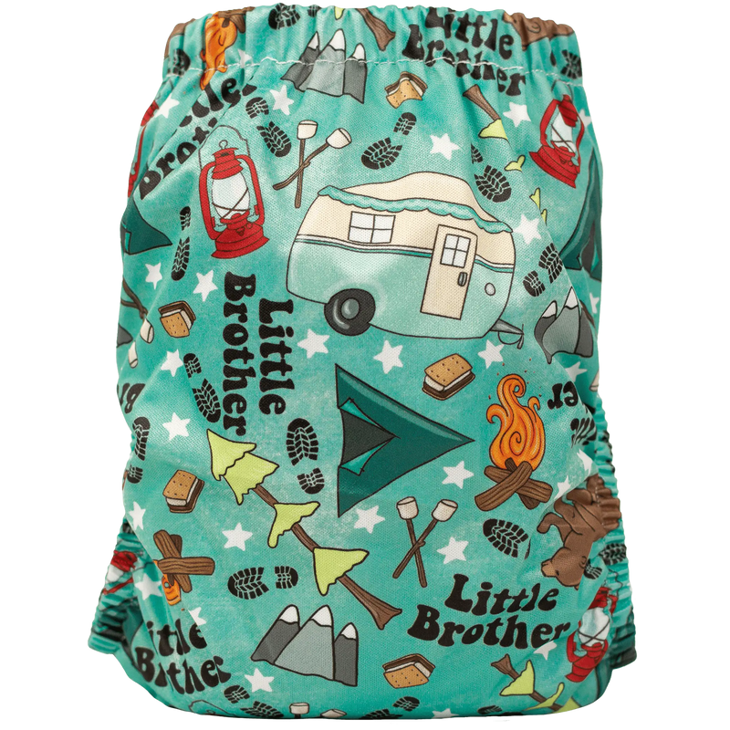 Slim Fit AIO Cloth Diaper with colorful camping-themed print.

