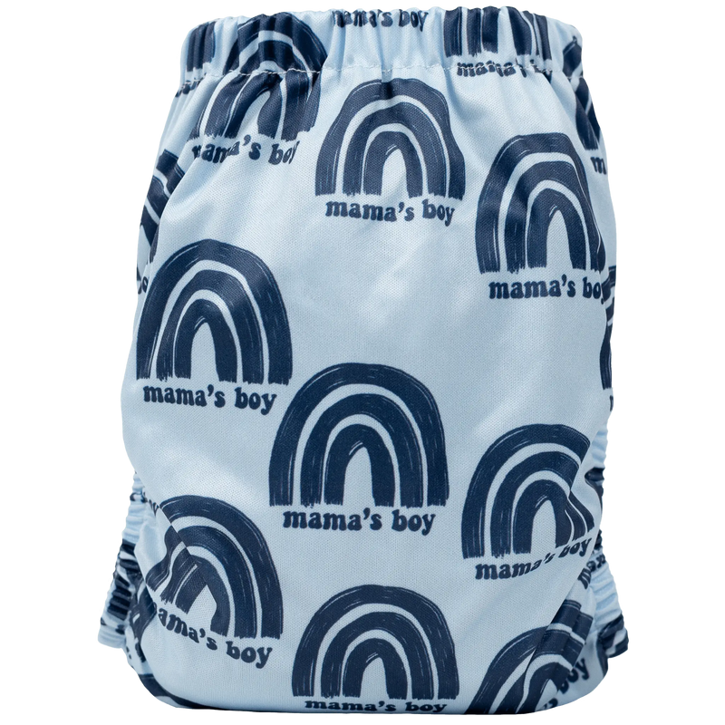 Slim Fit AIO Cloth Diaper with "mama's boy" print, featuring simplified snaps and athletic wicking jersey.