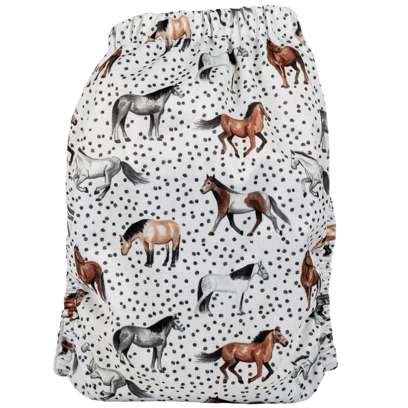 Slim Fit AIO Cloth Diaper with horse print, all-in-one design for 8-40lbs babies, featuring athletic wicking jersey and tummy panels.