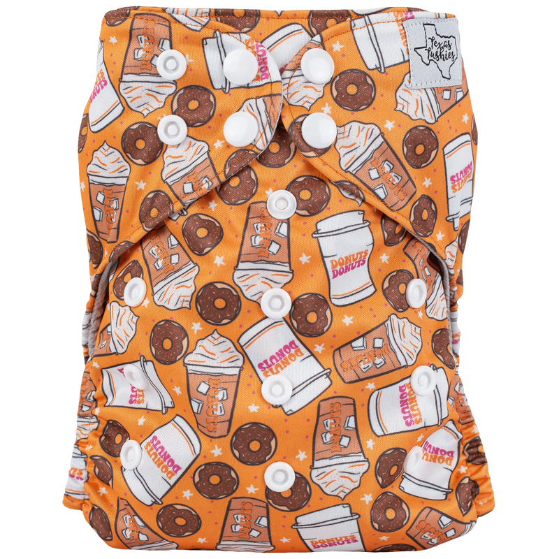 Slim Fit AIO Cloth Diaper with donut coffee print and adjustable snaps.
