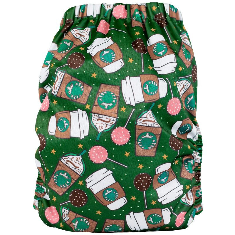 Slim Fit AIO Cloth Diaper with playful coffee-themed print, featuring athletic wicking jersey, adjustable snaps, and recycled waterproof material.