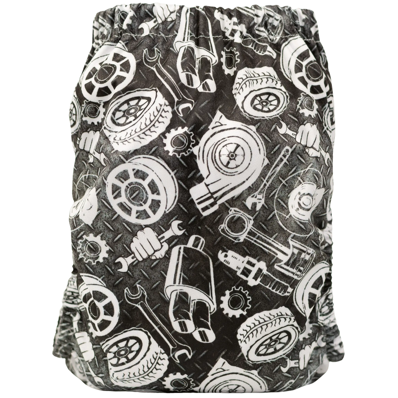 Slim fit AIO cloth diaper with automotive pattern design, suitable for 8-40lbs.