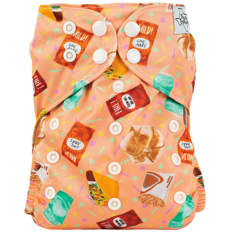 Slim Fit Pocket Cloth Diaper with colorful food-themed print and adjustable snaps.