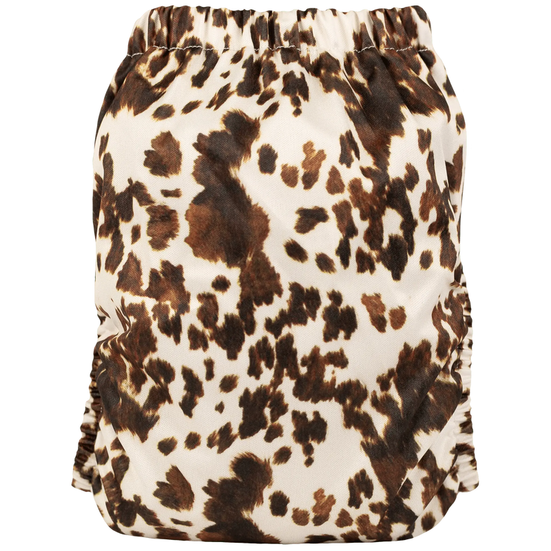 Slim Fit AIO Cloth Diaper with leopard print design, featuring athletic wicking jersey, tummy panels, and snap closures.