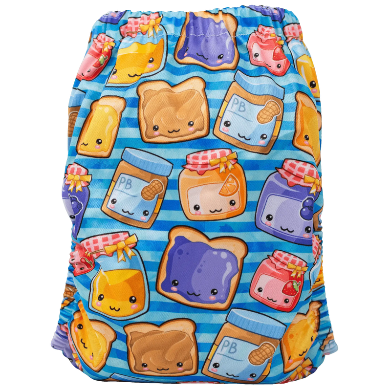 Slim Fit AIO Cloth Diaper with colorful food-themed print and leak-resistant design.