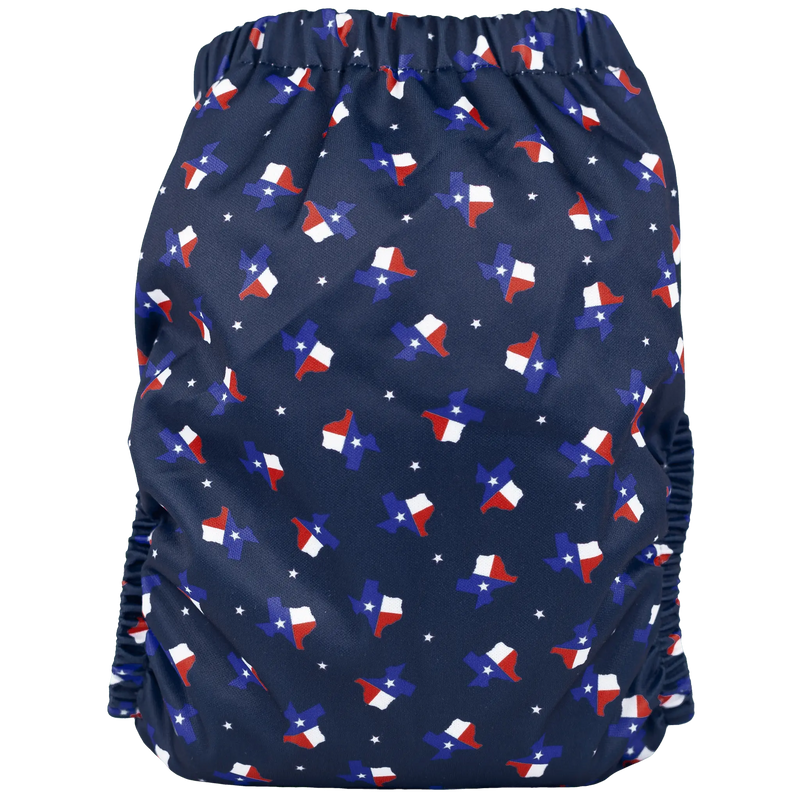 Slim Fit Pocket Cloth Diaper with Texas print, designed for babies 8-40 lbs, featuring athletic wicking jersey and easy-to-use snaps.