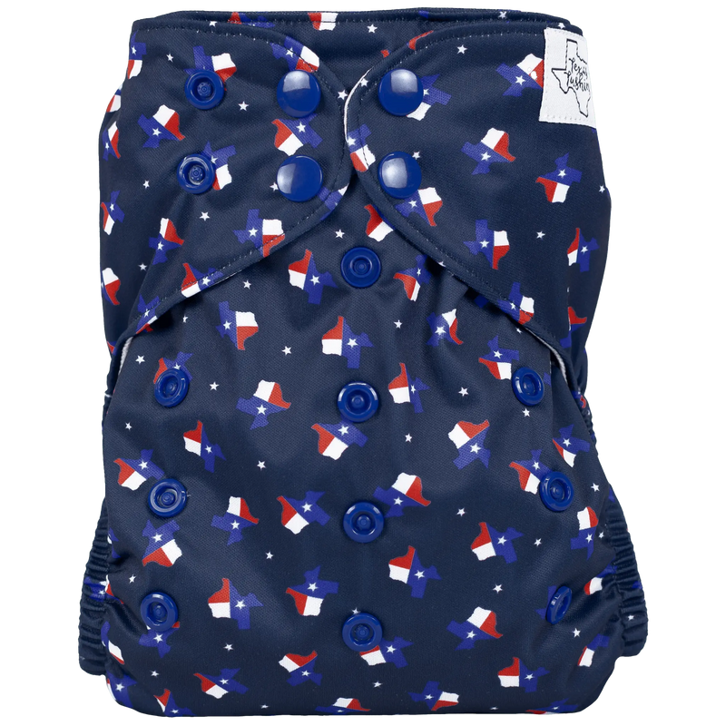 Slim Fit AIO Cloth Diaper with simplified snaps and Texas-themed print.