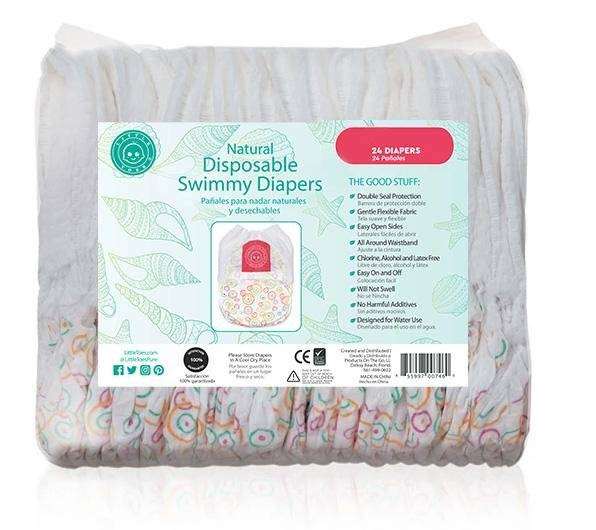 Small Natural Swim Diapers 24-Pack with tear-away sides, soft fit, and chemical-free material.