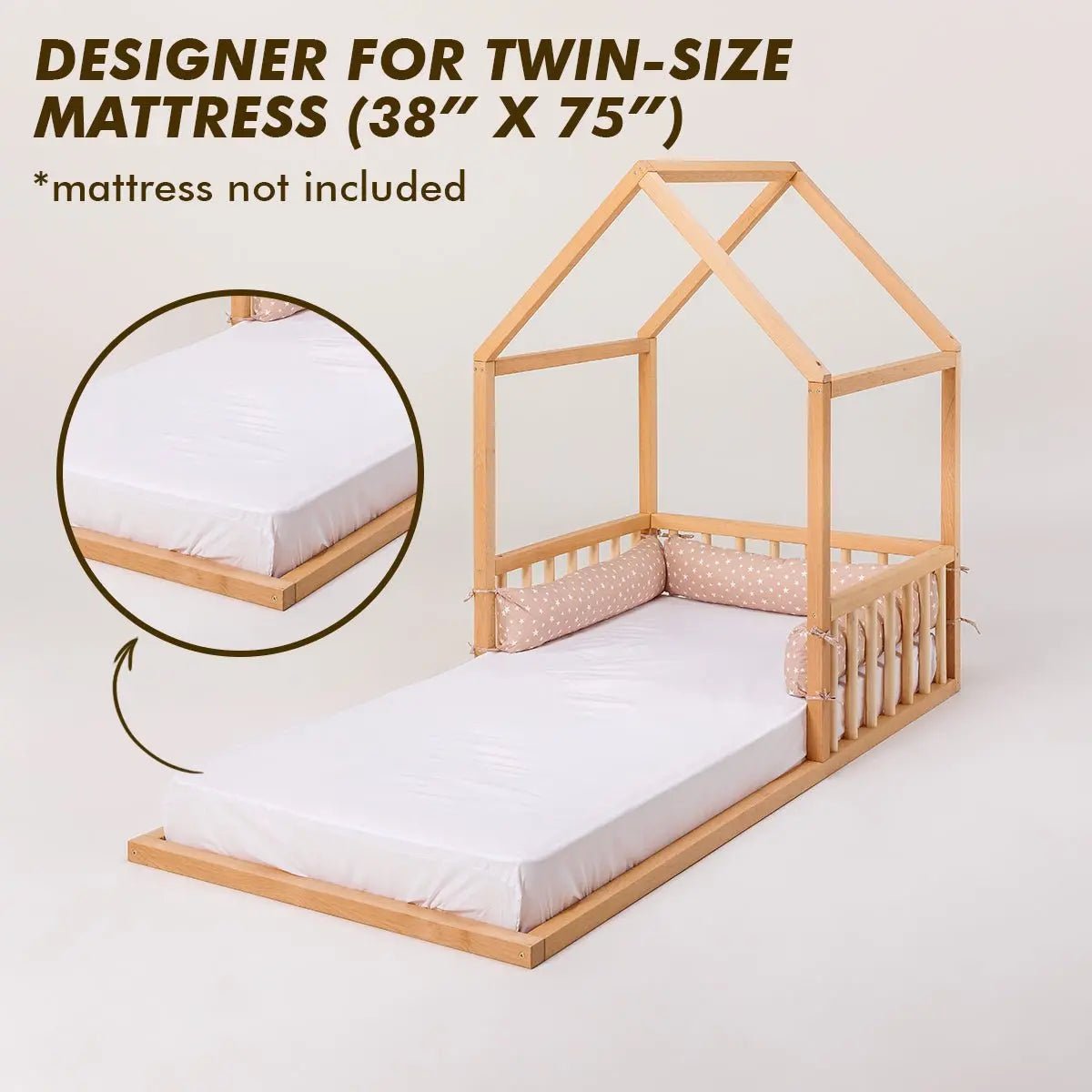 Goodevas Small Wooden Montessori House Floor Bed with Fence and Roof - Everetts Place Boutique - 